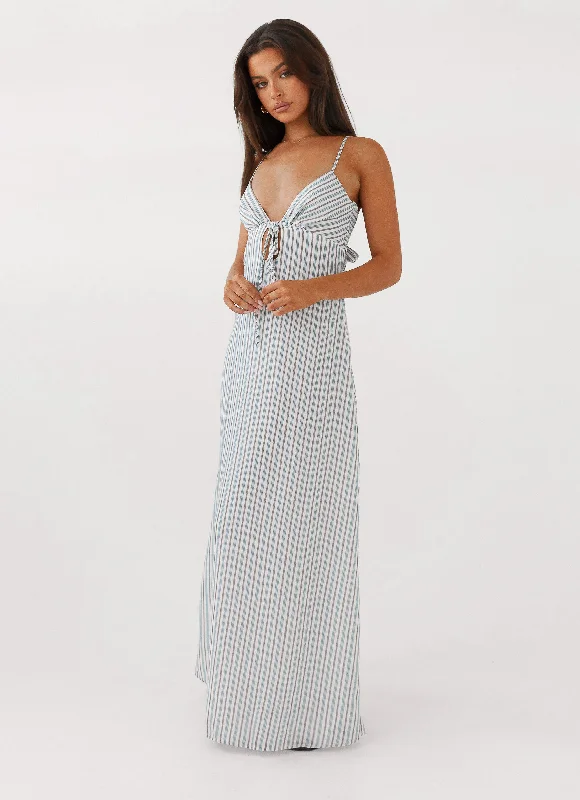 Now or Never Flora Linen Maxi Dress - Blue Choc Stripe