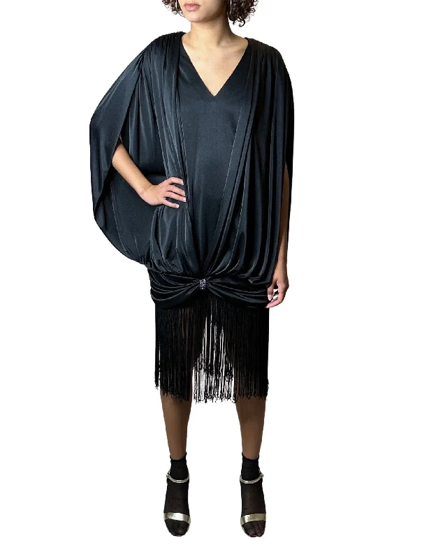 Don't Miss Unusual Original 1980's Vintage Black Dress with Fringing UK 8 - 14
