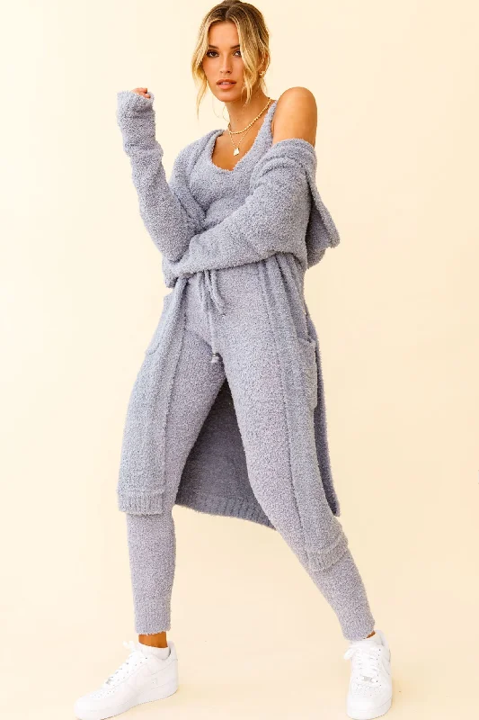 Deal Mania My Girl Fuzzy Knit Longline Pocket Cardigan Steel Blue