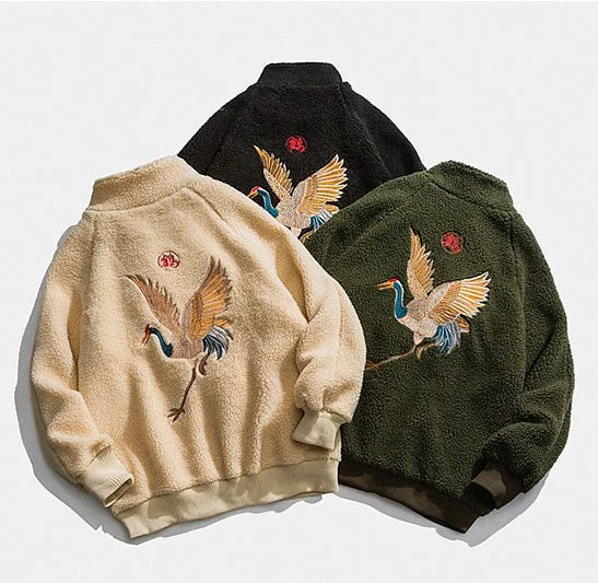 Must-Have Deals Crane Embroidery Stand Collar Camo Fleece Unisex Chinese Style Jacket Must-Have Deals Crane Embroidery Stand Collar Camo Fleece Unisex Chinese Style Jacket